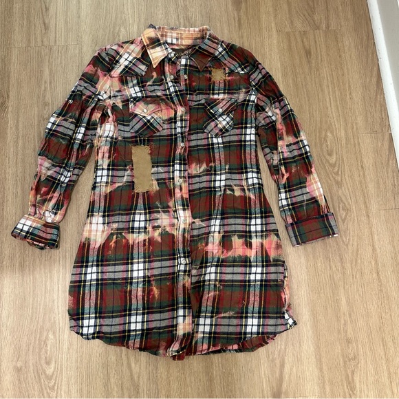 The Au Vintage Tops - The Au Vintage Shacket Plaid Button Down Distressed Long Top